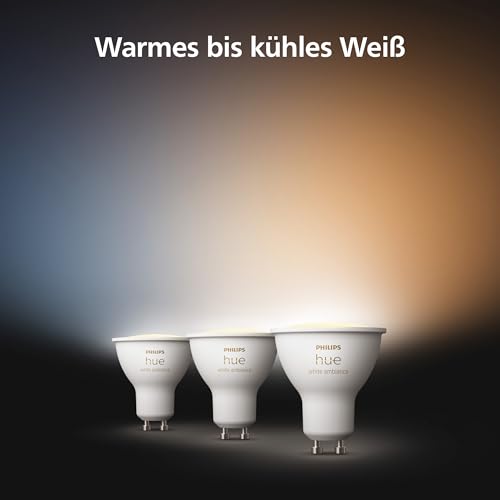 Philips Hue White Ambiance GU10 LED Spot 3er Pack (400lm), dimmbare LED Lampen für das Hue Lichtsystem, warmweißes- bis katlweißes Licht, smarte Lichtsteuerung über Sprache und App